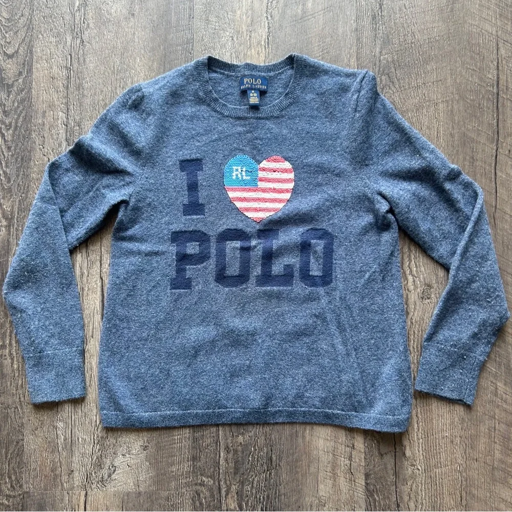 Polo Ralph Lauren | Wool Blend Sequin American Flag USA Heart Sweater Medium